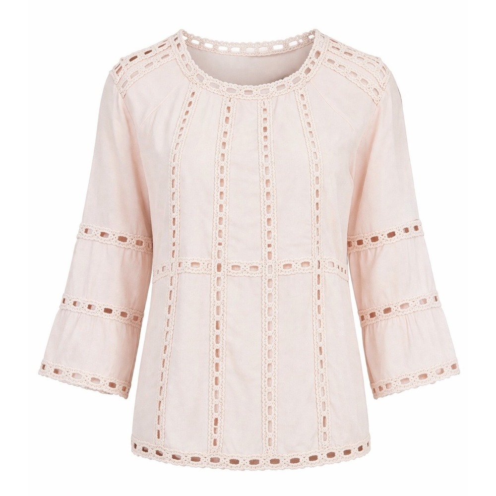 Everleigh Pink Crochet Lace Cotton Blouse 3/4 Bell Sleeve Boho Top XS‎ maternity